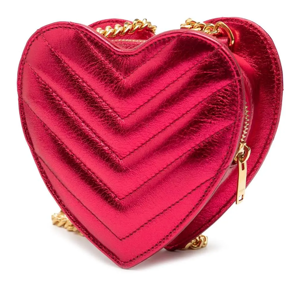 Saint Laurent Mini Metallic Leather Chevron Monogram Love Heart Chain Bag Pink Leather Very good - Back View