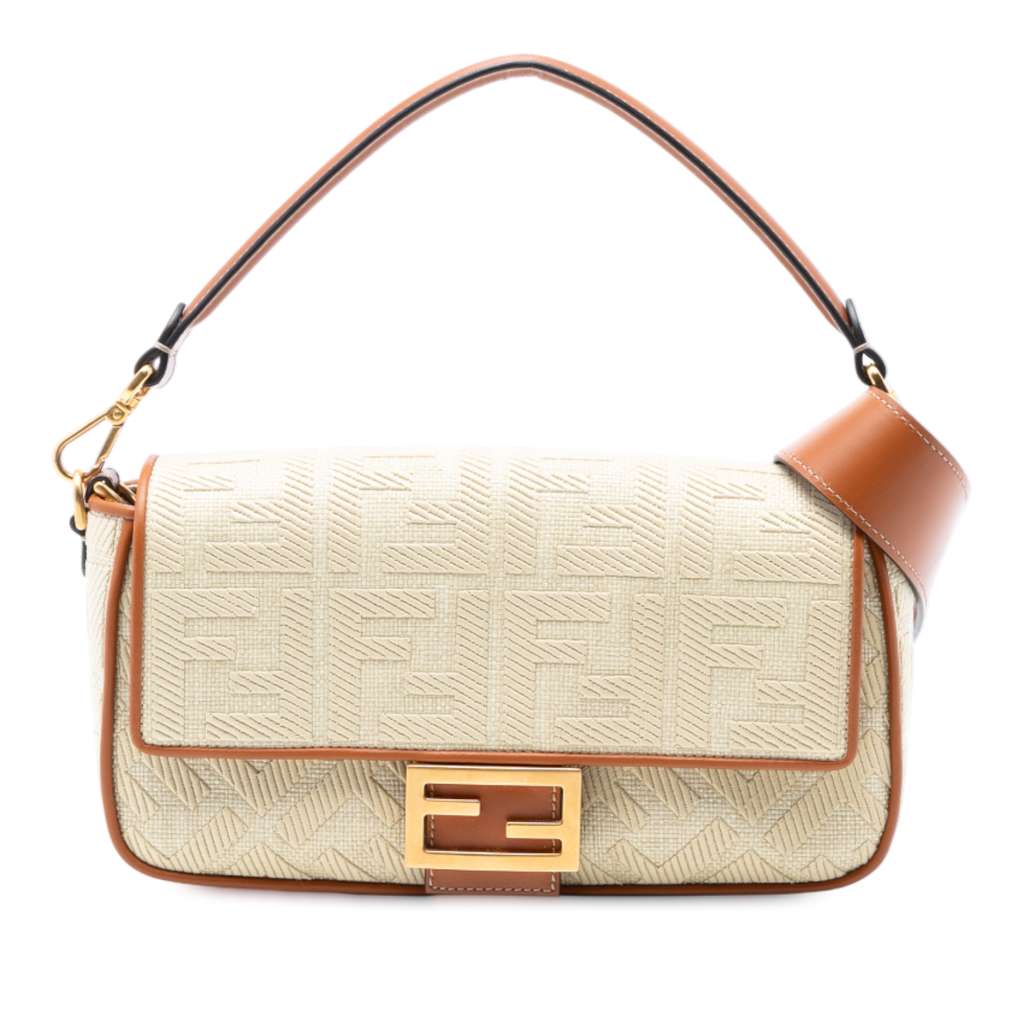 Fendi Zucca Embroidered Raffia Baguette Satchel