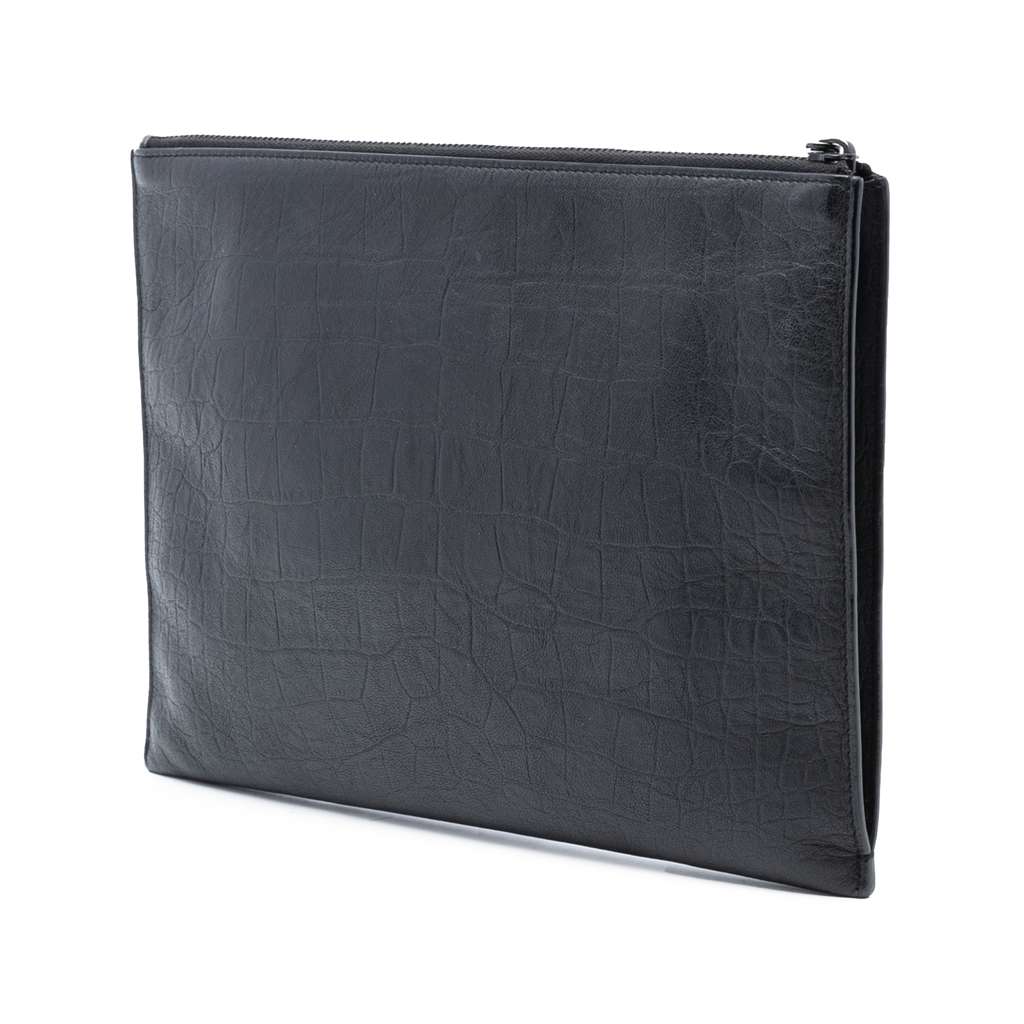 Saint Laurent Croc Embossed Leather Monogram Clutch - 2