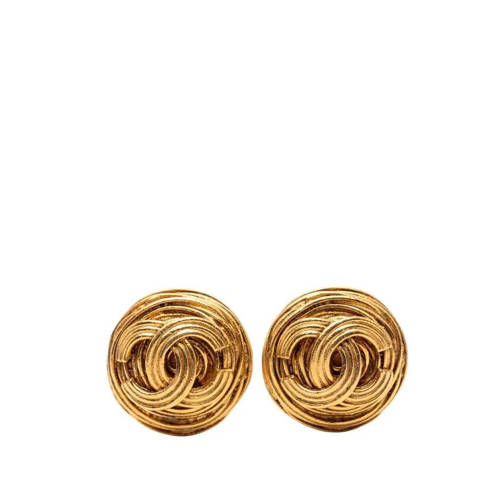 Chanel CC Gold Plated Round Clip On Earrings Gold Metal Good - Front View