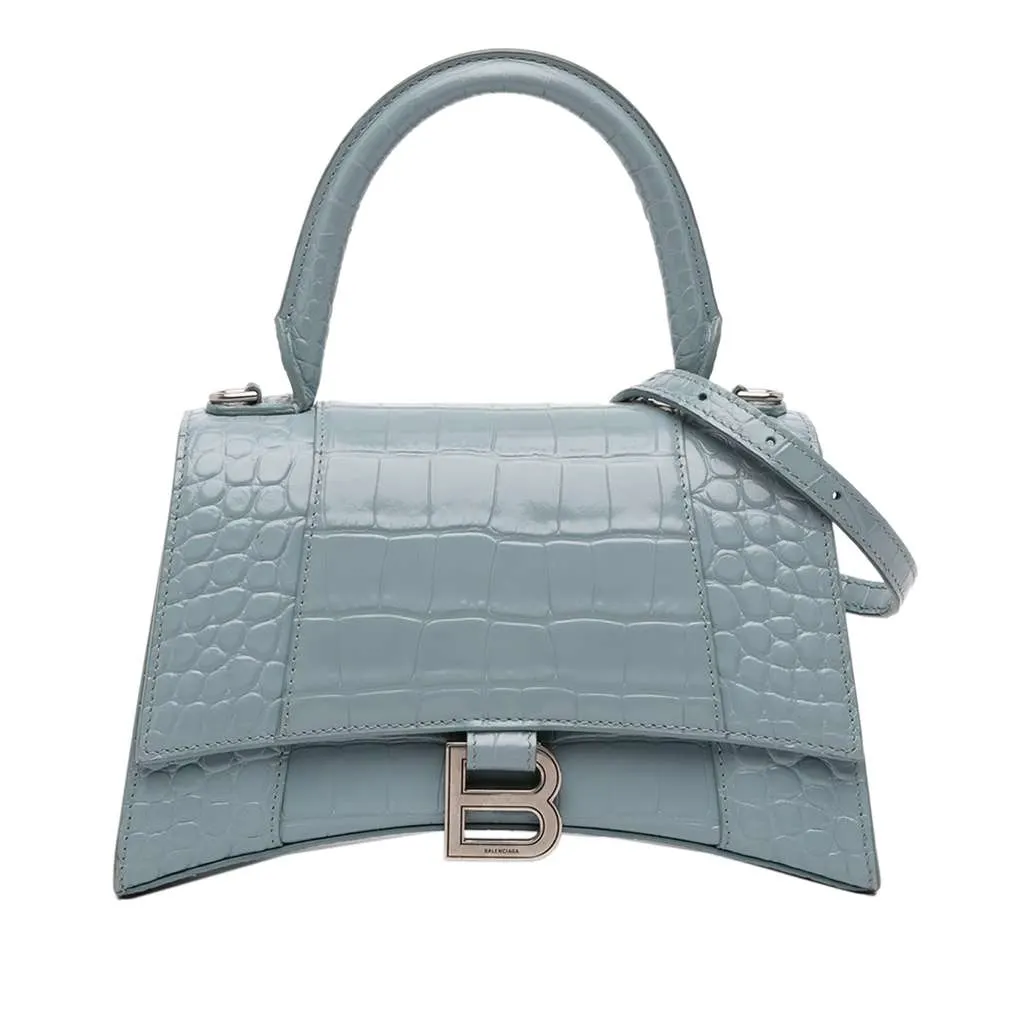Balenciaga Small Croc Embossed Hourglass Top Handle Bag Blue Leather Very good - Front View