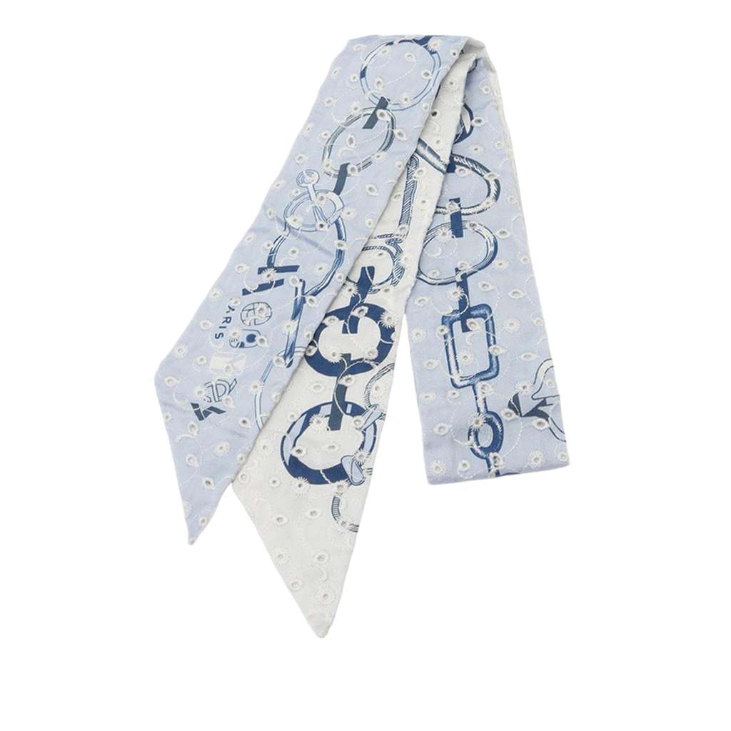 Hermès Do Re Boucles Broderie Anglaise Embroidered Silk Twilly Scarf