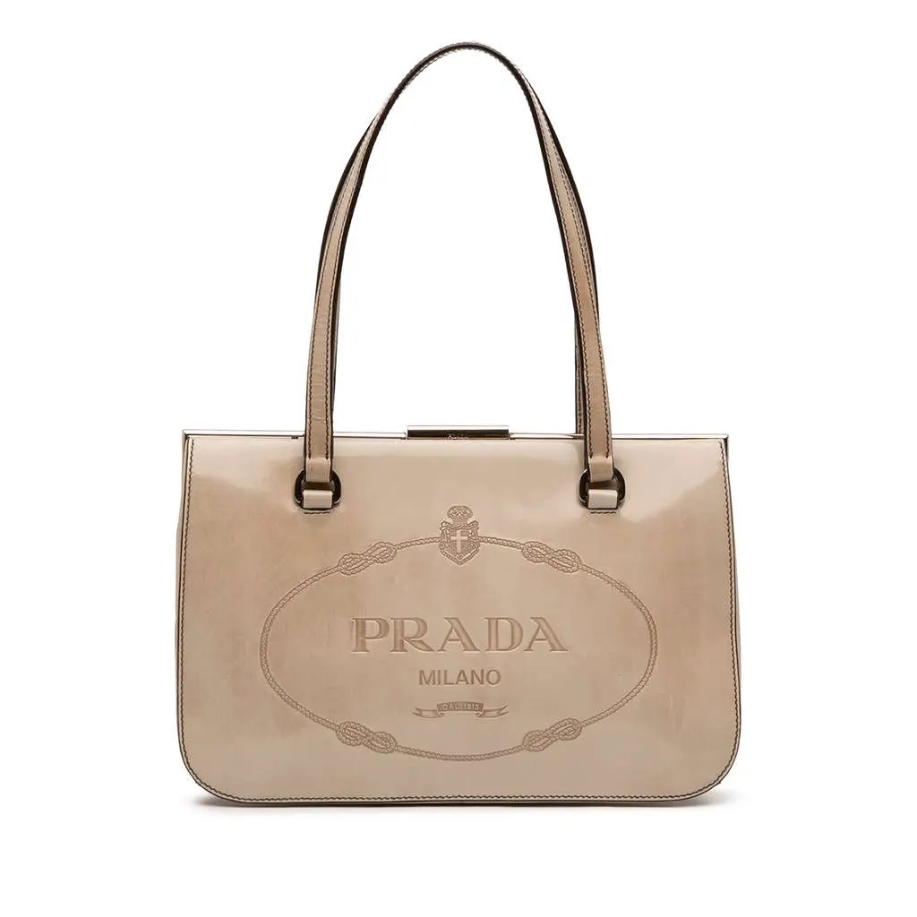 Prada Spazzolato Logo Frame Shoulder Bag Brown Leather Good - Front View