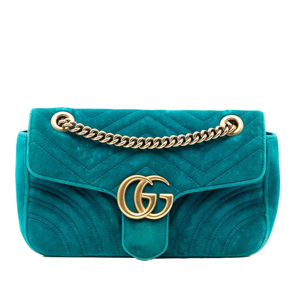 Gucci Medium GG Marmont Matelasse Velvet Shoulder Bag Blue Velvet Good - Front View