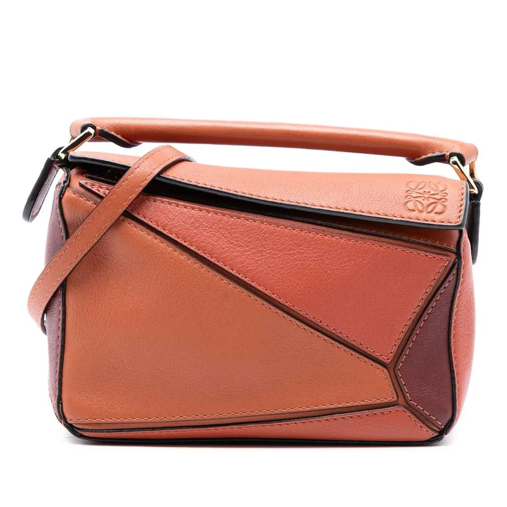 Loewe Mini Tricolor Calfskin Puzzle Satchel Orange Leather Good - Front View