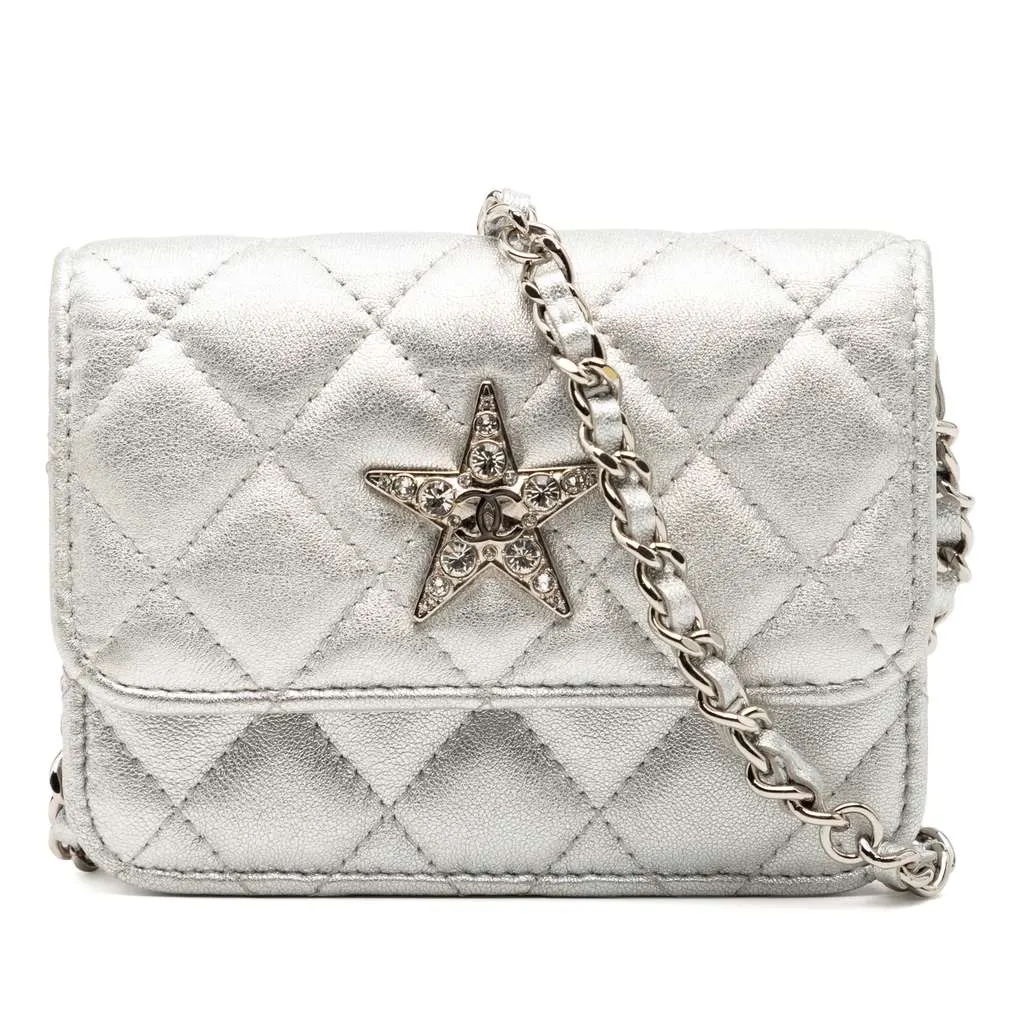Chanel Metallic Lambskin Crystal Star Chain Belt Bag Silver Leather Good - Front View