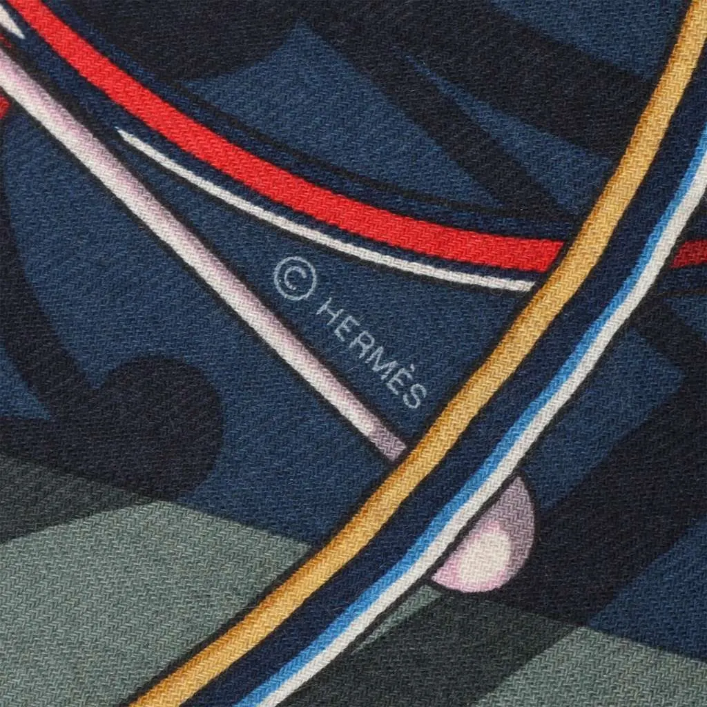 Hermès Voitures En Equilibre Cashmere Silk Shawl 140 Blue Wool Very good - Back View