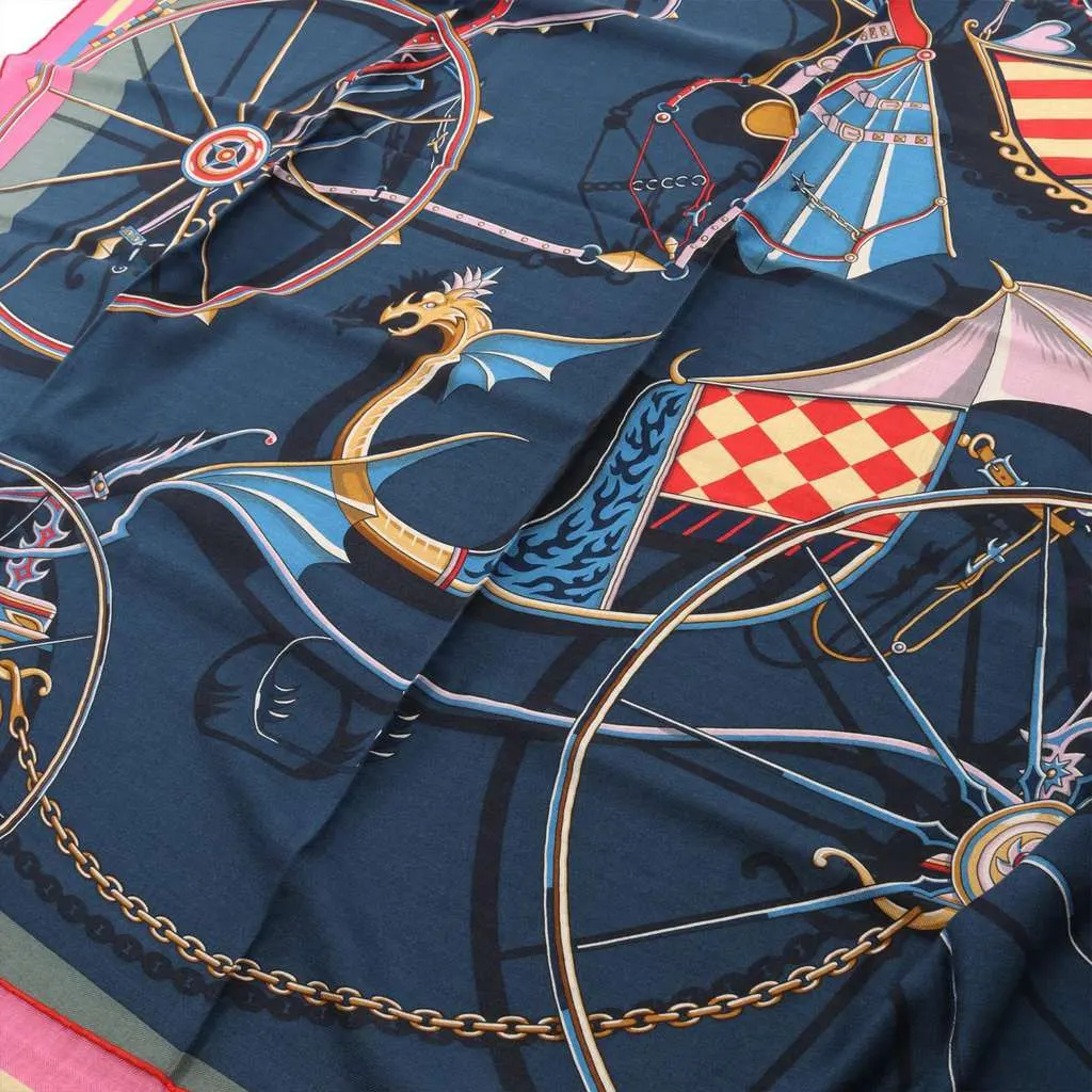 Hermès Voitures En Equilibre Cashmere Silk Shawl 140 Blue Wool Very good - Model View