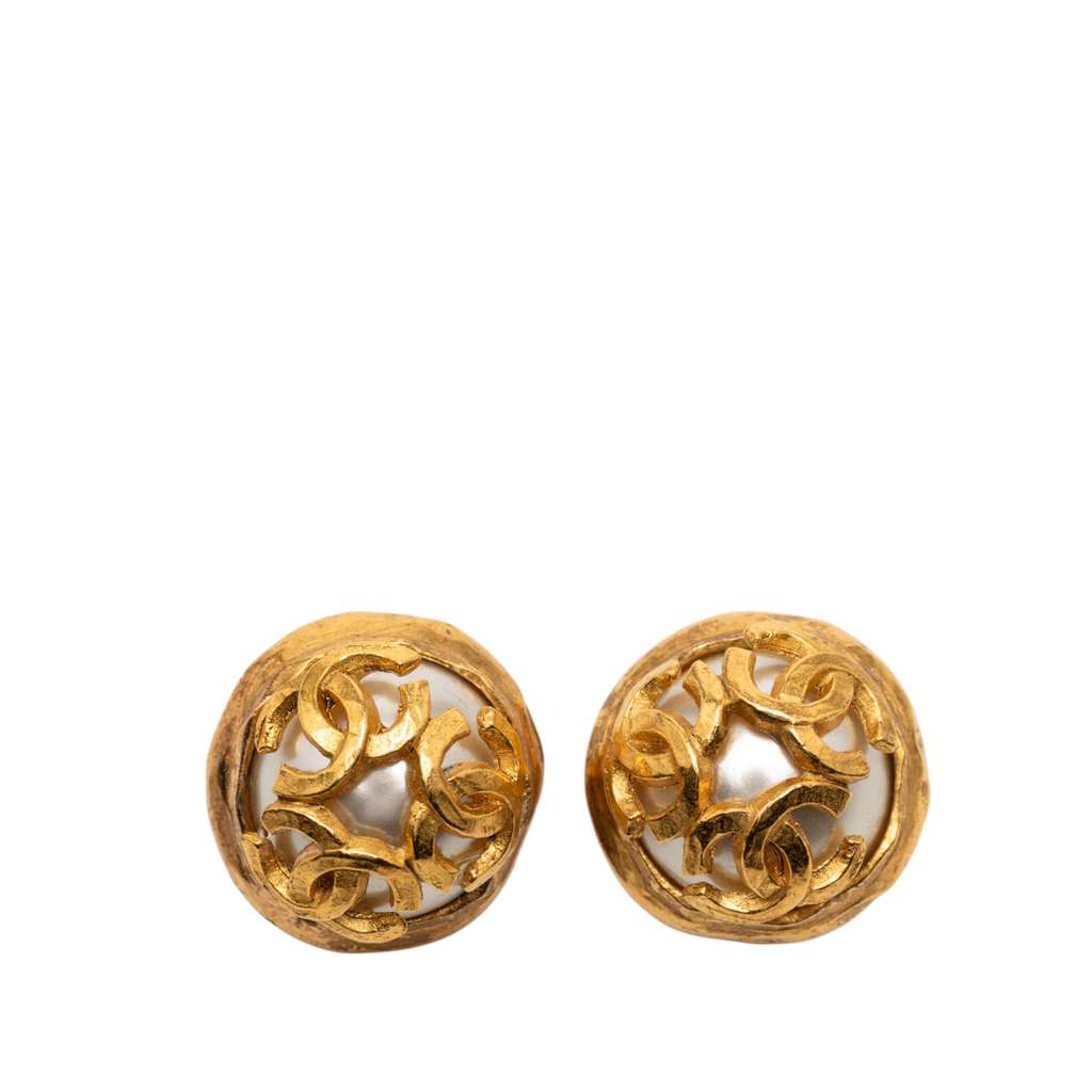 Chanel Gold Plated Triple CC Faux Pearl Clip on Earrings