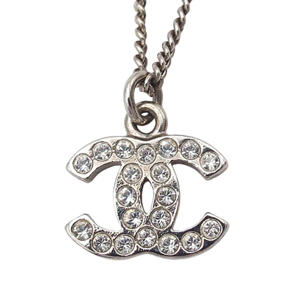 Chanel CC Silver Plated Rhinestone Pendant Necklace - 2