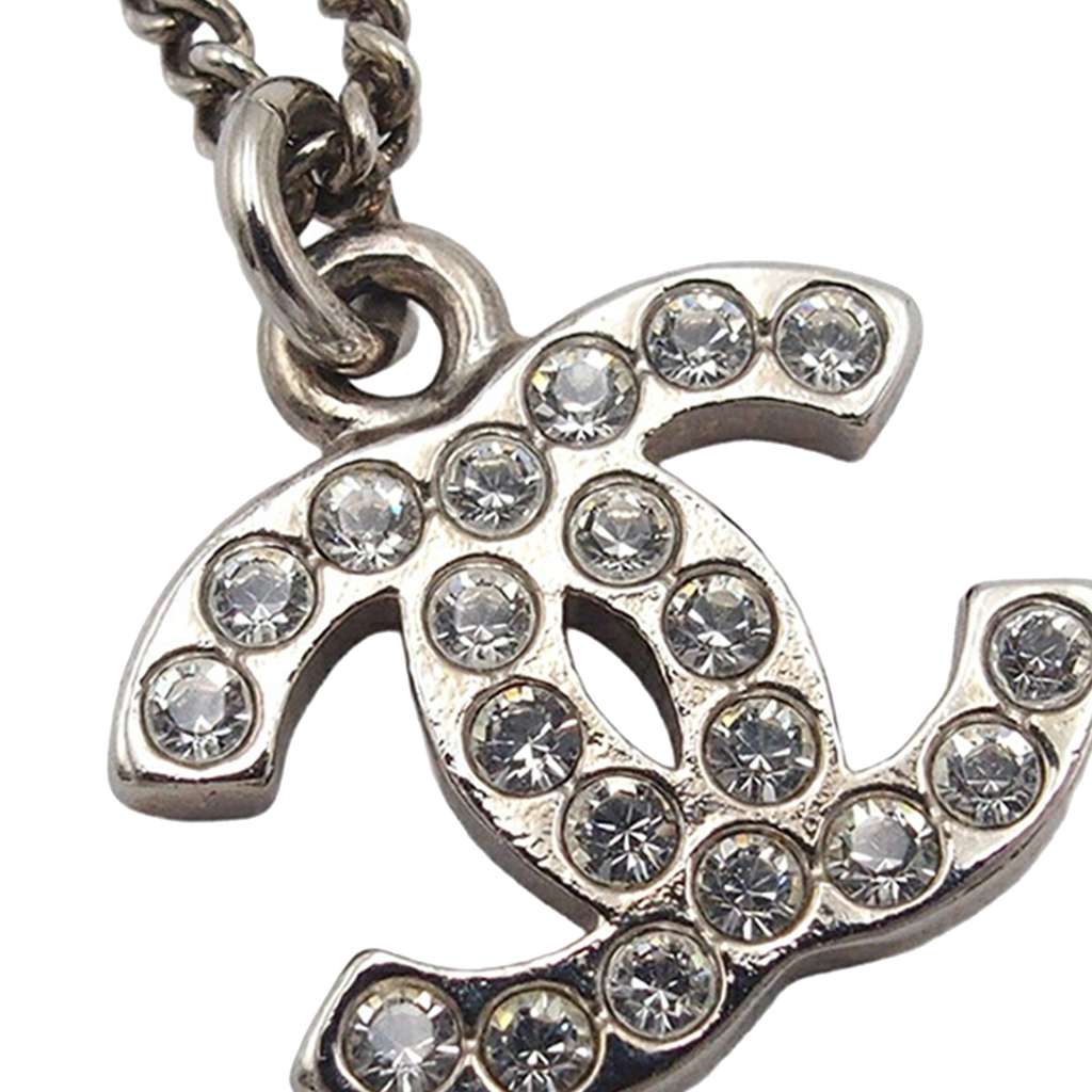 Chanel CC Silver Plated Rhinestone Pendant Necklace - 3