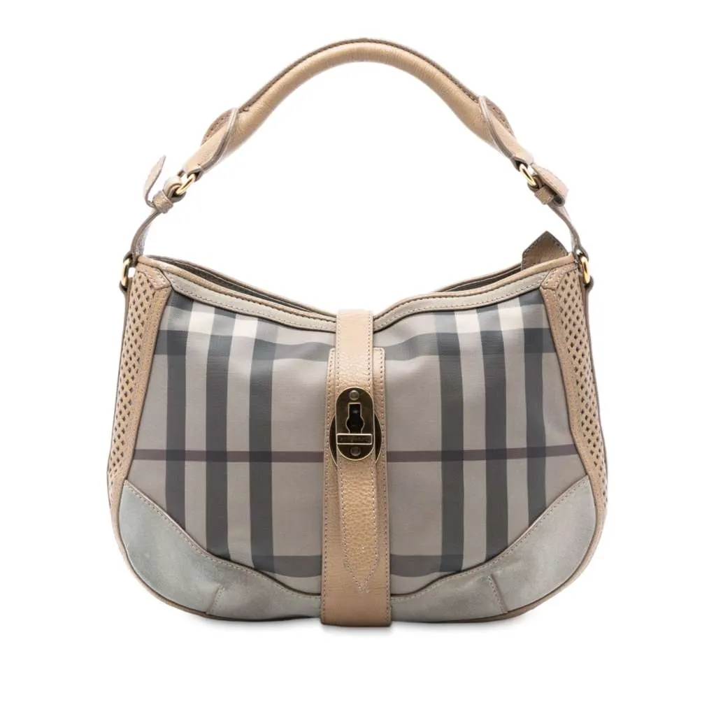 Burberry Smoke Check Coated Canvas Bartow Hobo Grey Canvas Very good - Front View