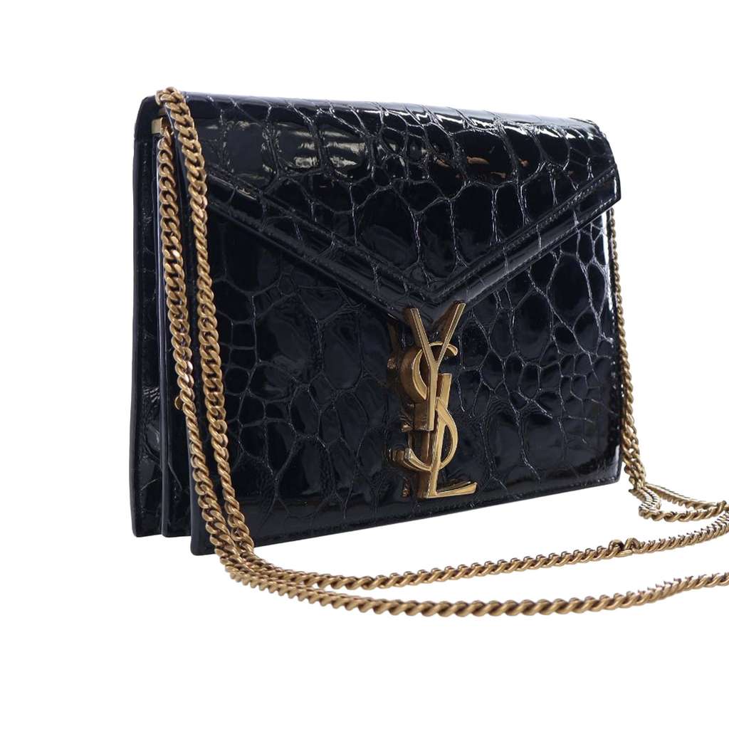 Saint Laurent Shiny Croc Embossed Calfskin Monogram Cassandra Clasp Bag - 2