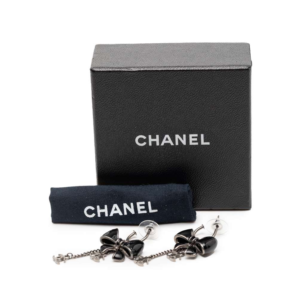 Chanel Enamel CC Bow Ribbon Fishhook Wires Earrings - 4