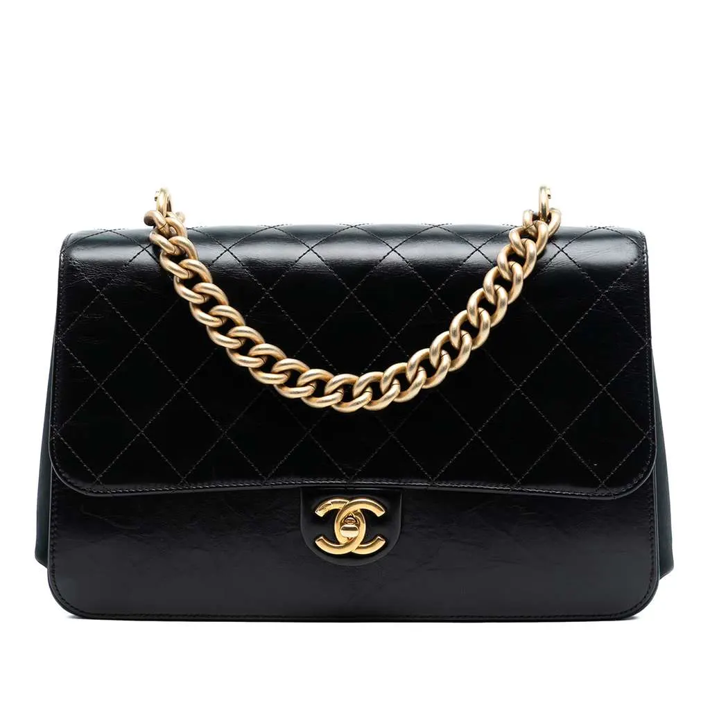 Chanel Paris Cosmopolite Aged Calfskin Straight Lined Flap Black Leather Very good - Front View
