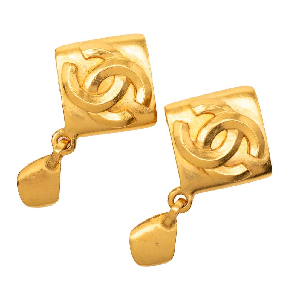 Chanel Gold Plated CC Rhombus Swing Clip On Earrings