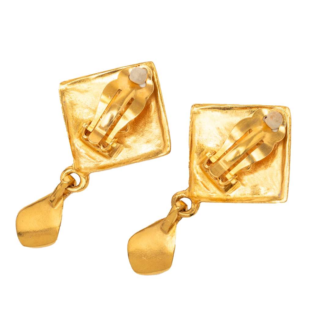 Chanel Gold Plated CC Rhombus Swing Clip On Earrings - 2