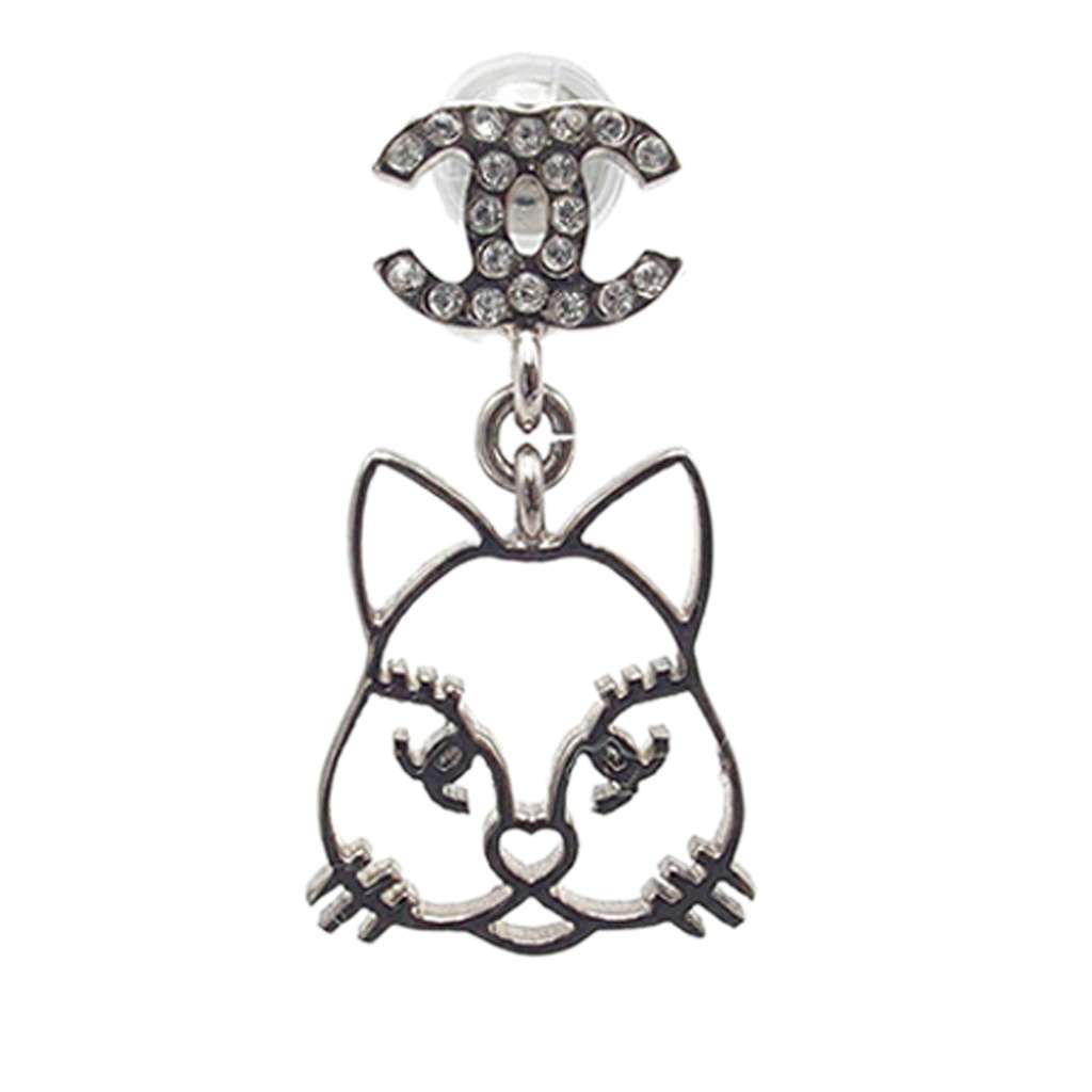 Chanel CC Silver Plated Rhinestone Choupette Cat Emoji Drop Earrings - 3