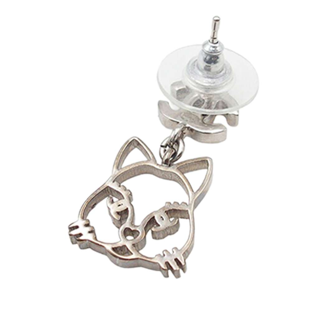 Chanel CC Silver Plated Rhinestone Choupette Cat Emoji Drop Earrings - 4
