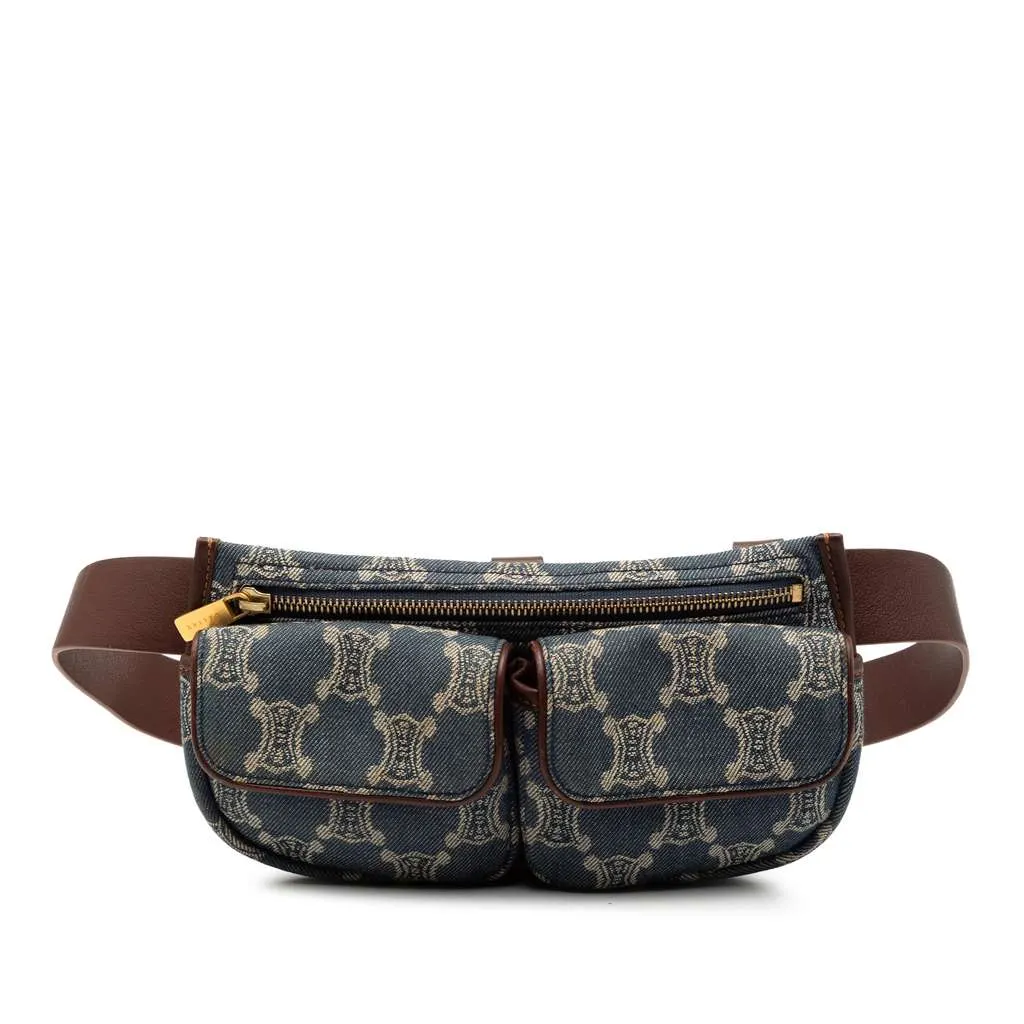 Celine Macadam Denim Double Pocket Belt Bag Blue Denim Very good - Front View