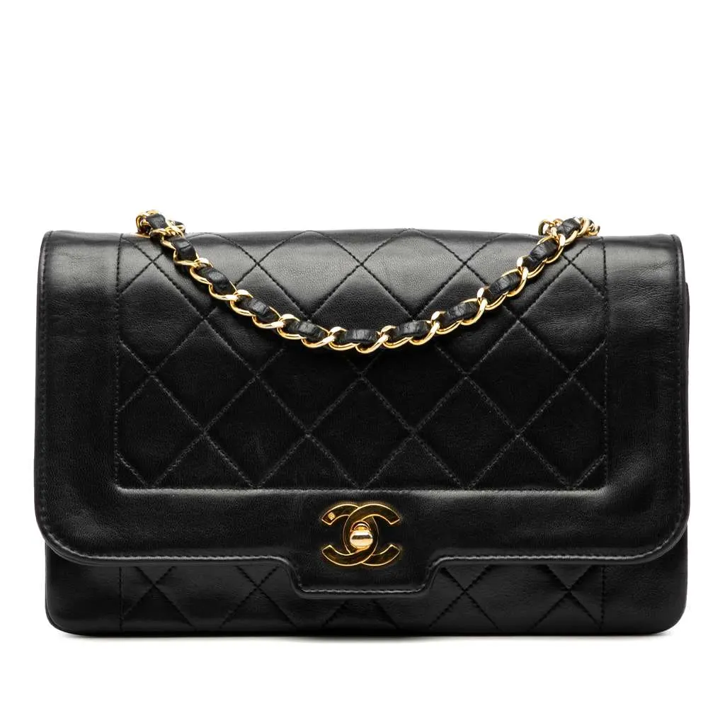 Chanel Medium Lambskin Diana Full Flap Black Leather Good - Front View