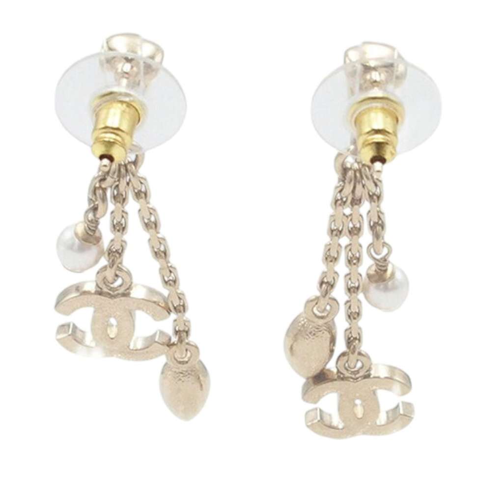 Chanel Gold Plated Faux Pearl and Rhinestone CC Drop Earrings - 2