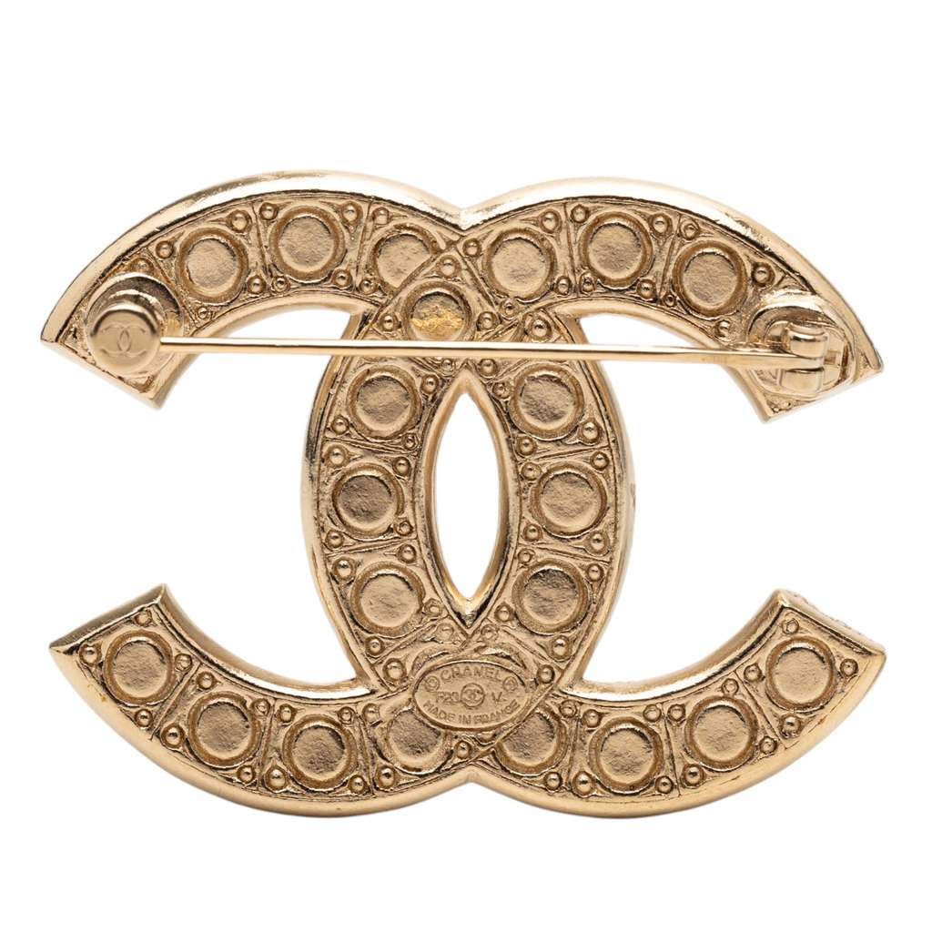 Chanel Gold Plated CC Faux Pearl Rhinestone Brooch - 2