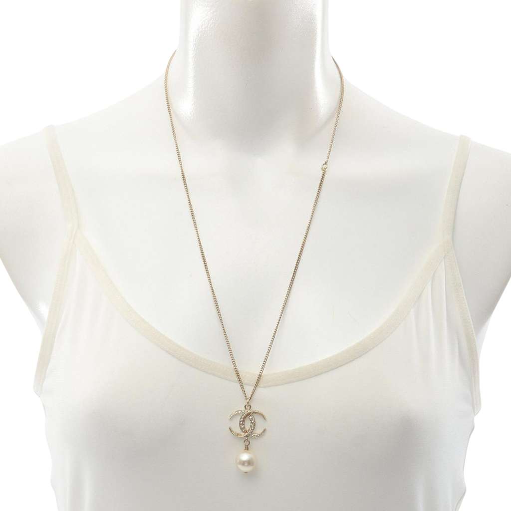 Chanel Gold Plated CC Rhinestone Faux Pearl Pendant Necklace - 5