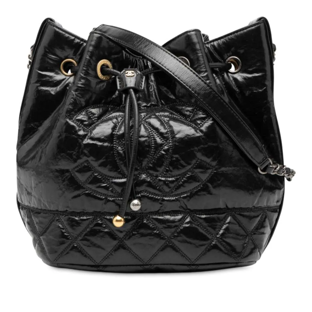 Chanel Shiny Aged Calfskin CC Chain Drawstring Bucket Bag Black Leather Very good - Front View