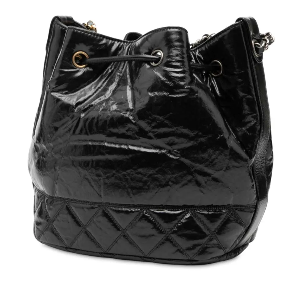 Chanel Shiny Aged Calfskin CC Chain Drawstring Bucket Bag Black Leather Very good - Back View