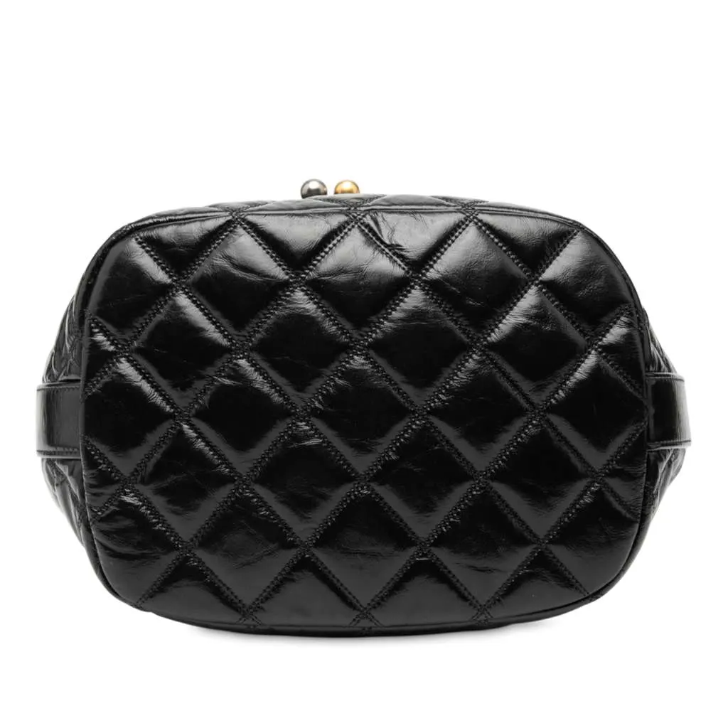Chanel Shiny Aged Calfskin CC Chain Drawstring Bucket Bag Black Leather Very good - Inside View