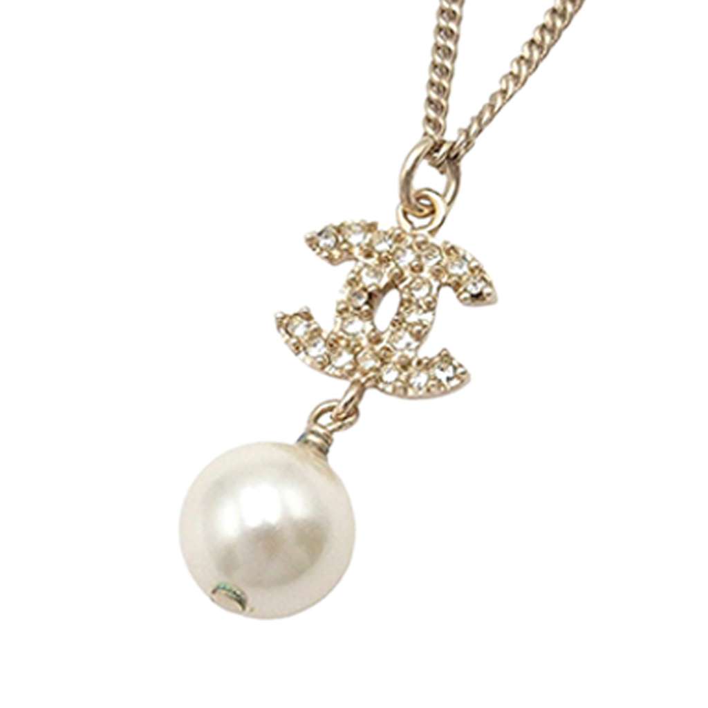 Chanel Gold Plated CC Rhinestone Faux Pearl Pendant Necklace - 2