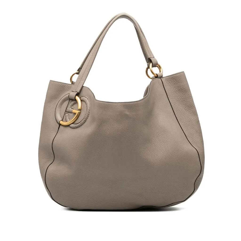 Gucci Medium Pebbled Calfskin Twill Tote Brown Leather Good - Front View