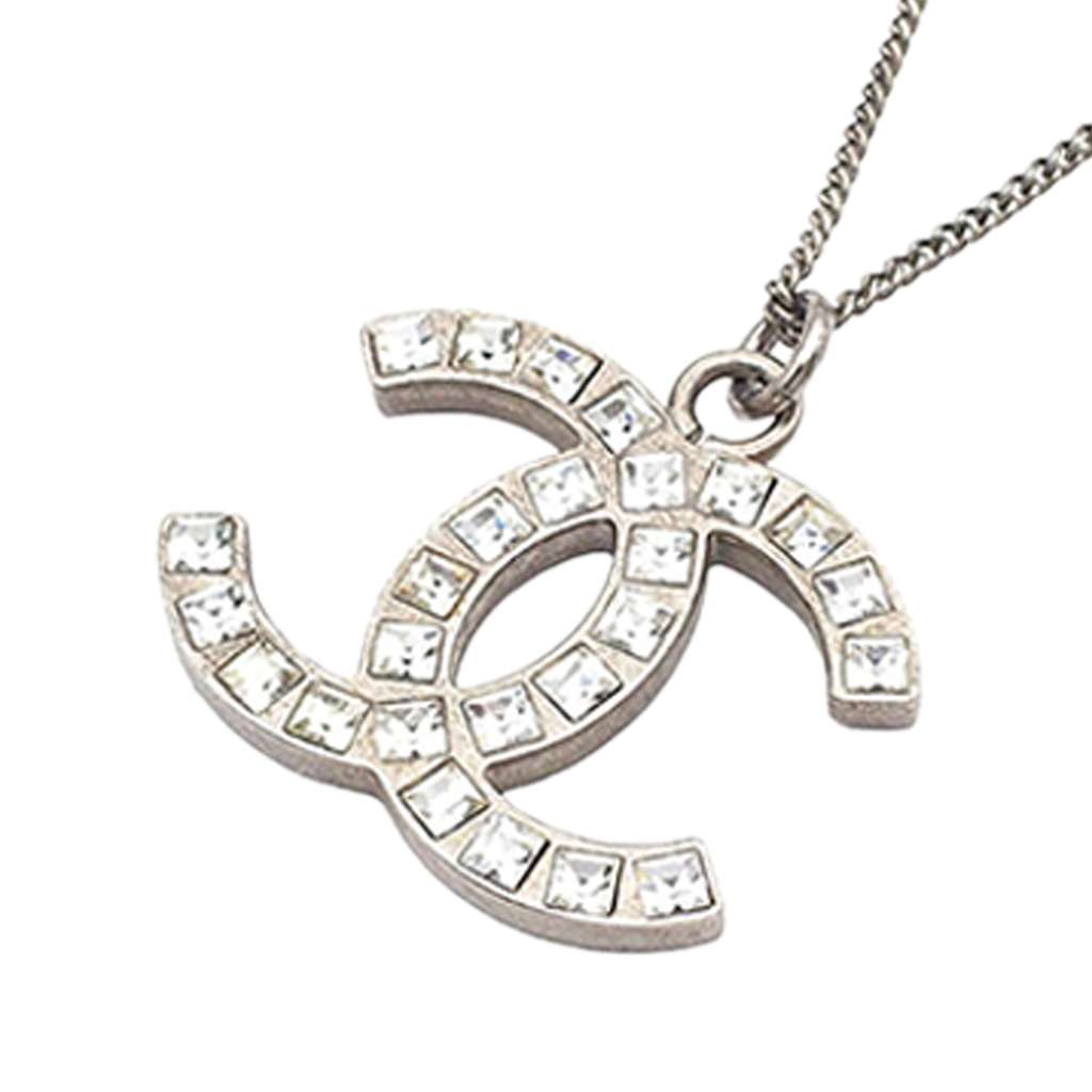 Chanel Silver Plated Rhinestone CC Pendant Necklace - 2