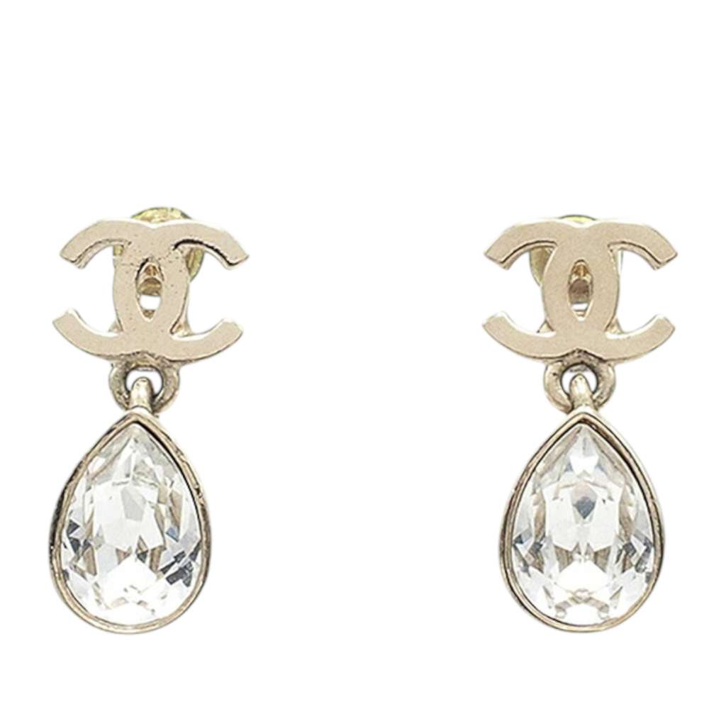 Chanel CC Gold Plated Crystal Drop Push Back Earrings
