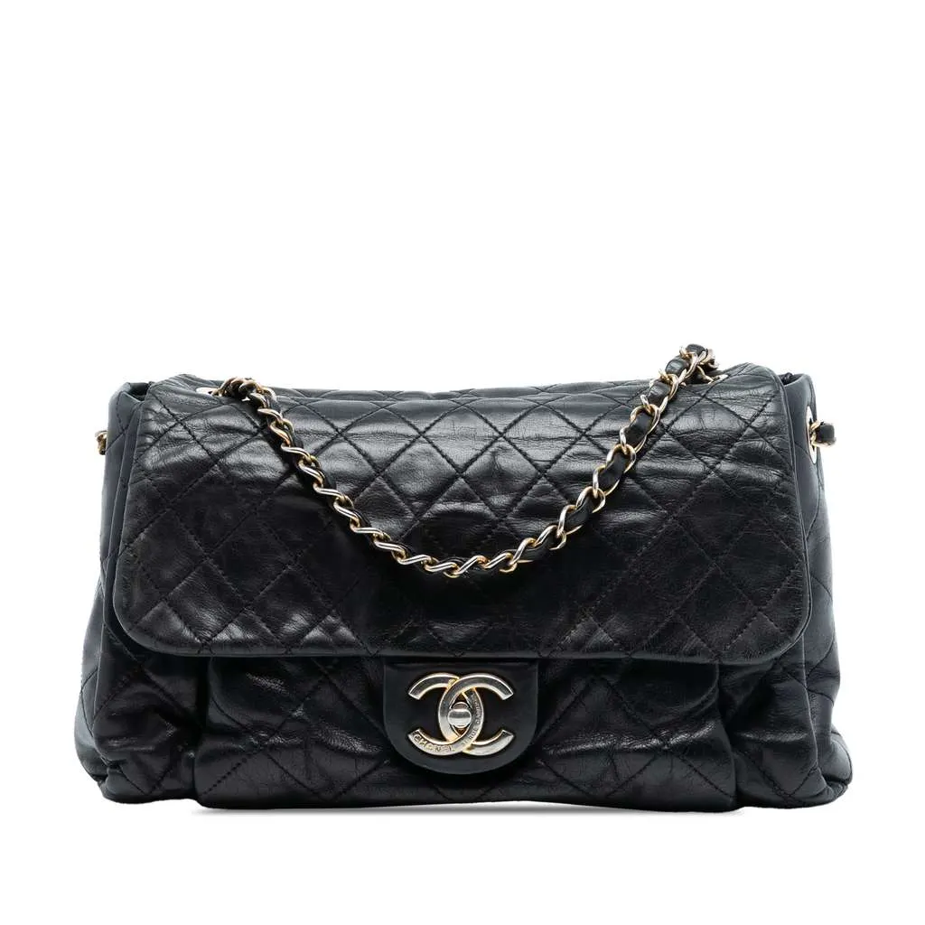 Chanel Large Aged Calfskin Chic Quilt Flap Black Leather Good - Front View