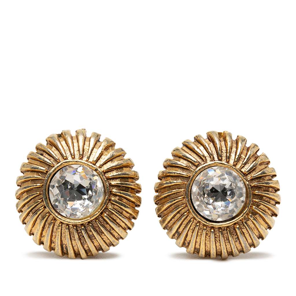 Chanel Gold Plated Rhinestone Sunburst Clip On Earrings