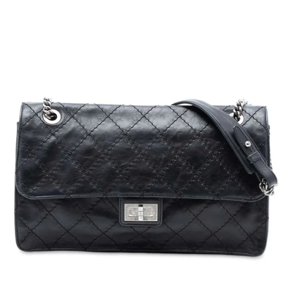 Chanel Embossed CC Quilted Aged Calfskin Reissue 2.55 Single Flap 227 Black Leather Good - Front View