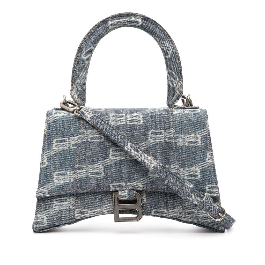 Balenciaga Small BB Monogram Denim Hourglass Top Handle Bag