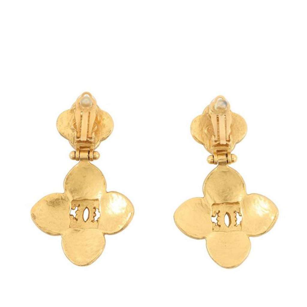 Chanel CC Gold Plated Flower Drop Clip On Earrings - 2