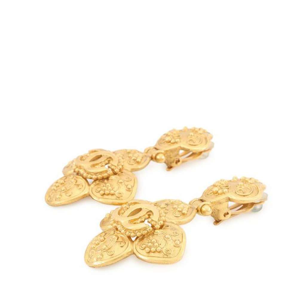 Chanel CC Gold Plated Flower Drop Clip On Earrings - 3