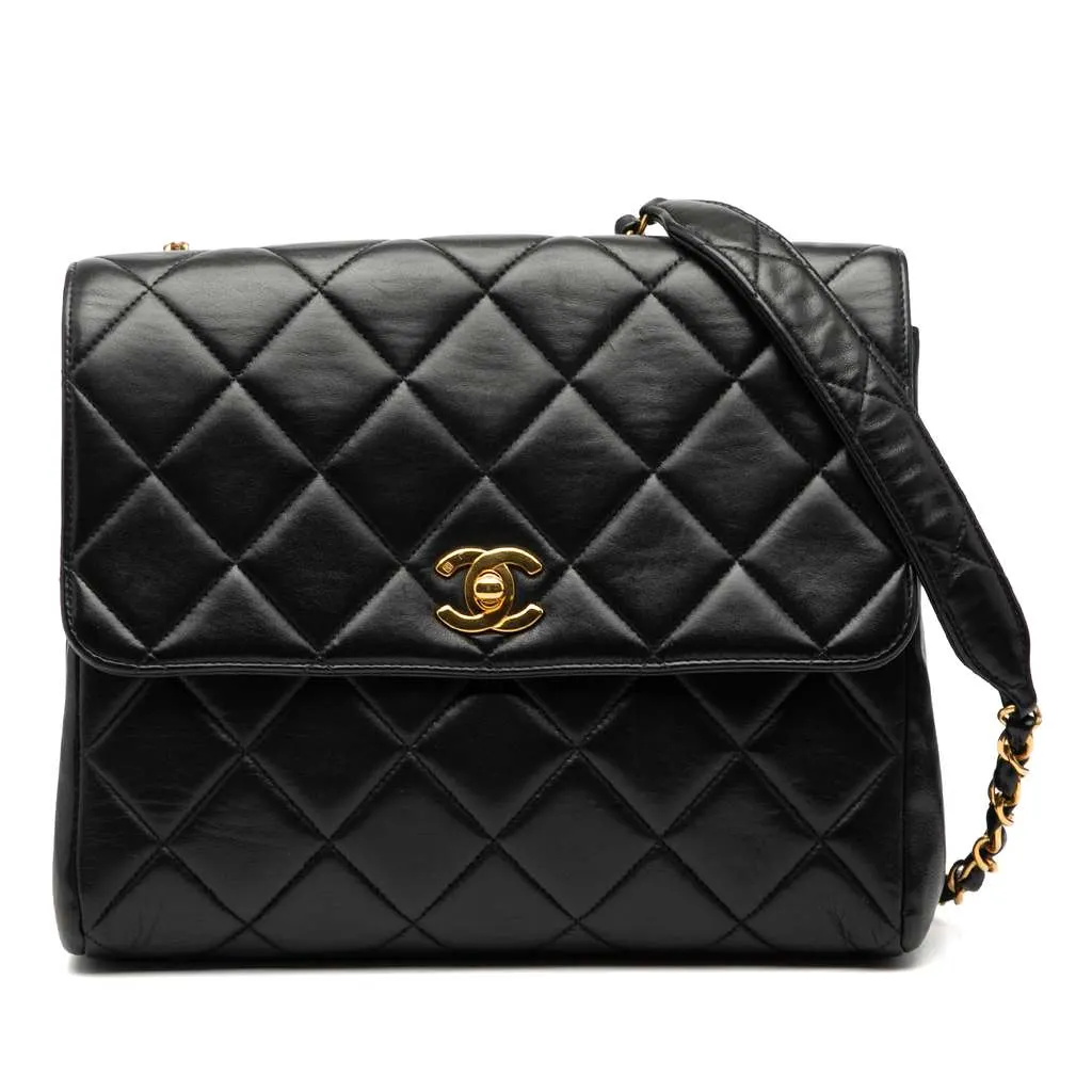 Chanel Small Square Lambskin Straight Single Flap Black Leather Very good - Front View