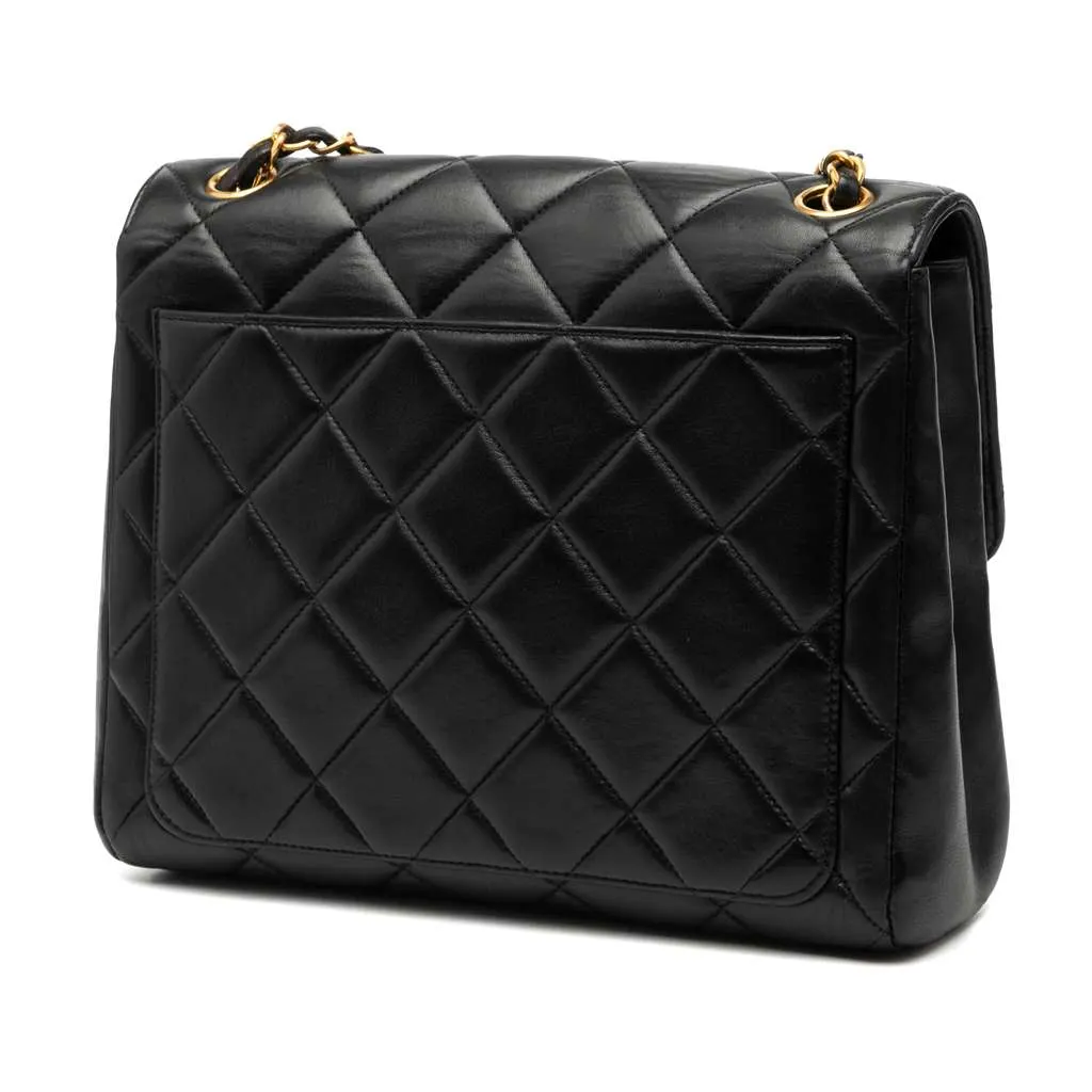 Chanel Small Square Lambskin Straight Single Flap Black Leather Very good - Back View