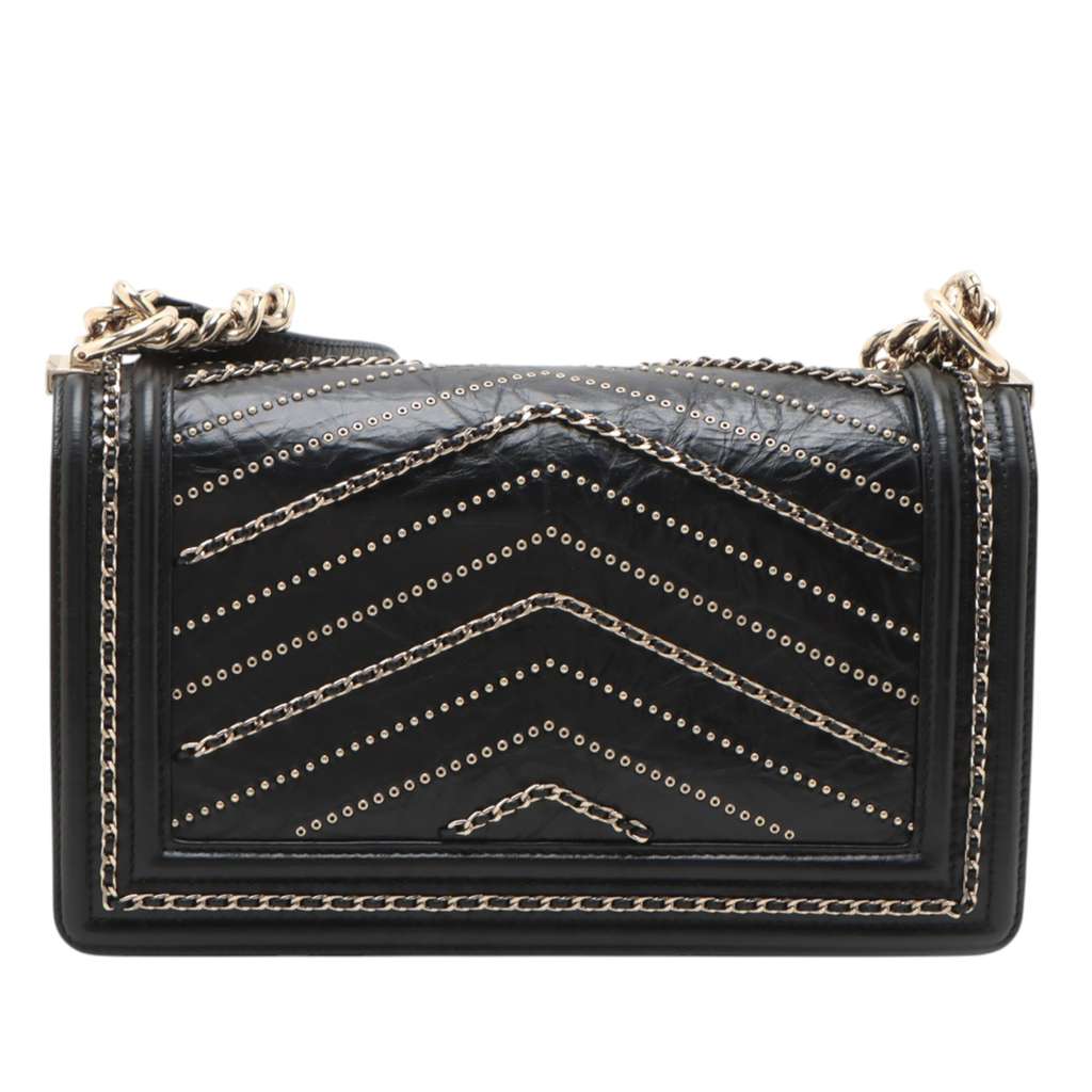 Chanel Old Medium Chevron Crumpled Calfskin Embellished Boy Flap - 2