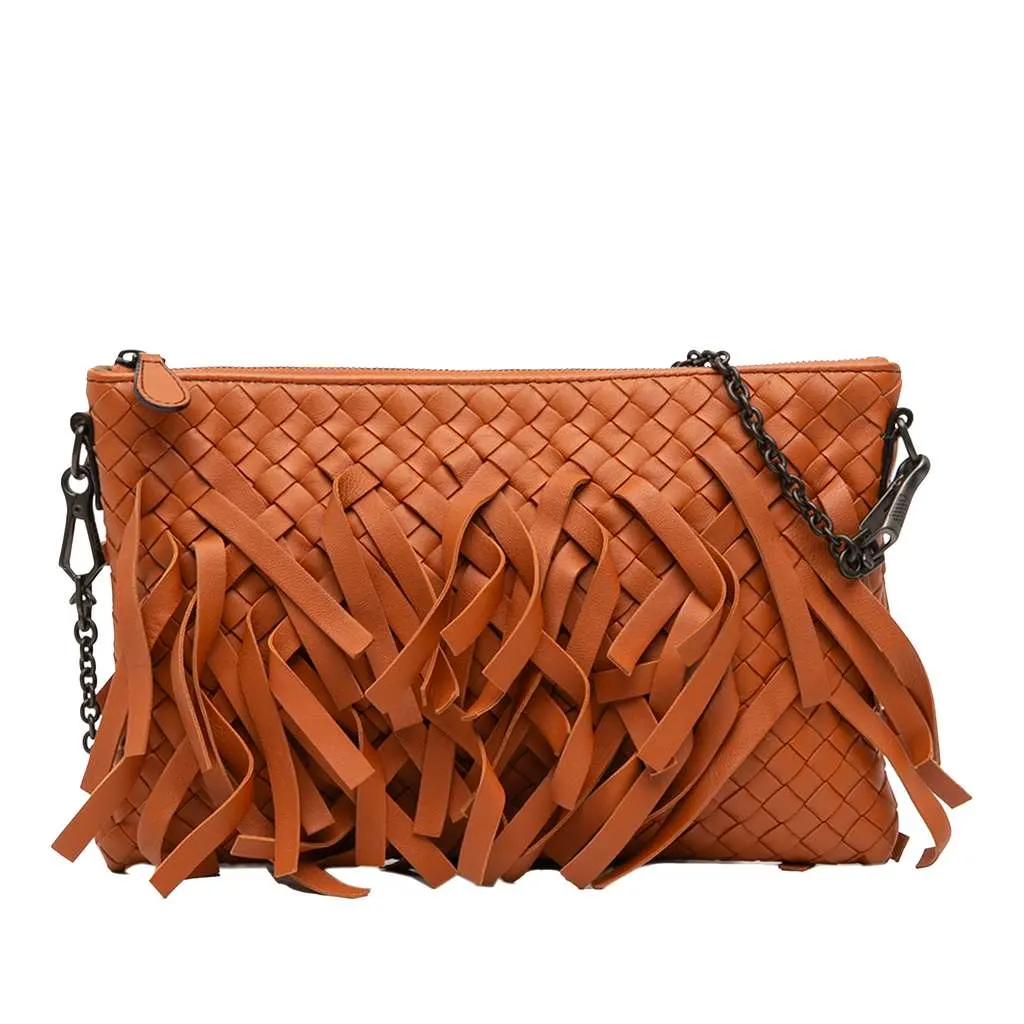 Bottega Veneta Nappa Intrecciato Palio Fringe Chain Crossbody Orange Leather Good - Front View