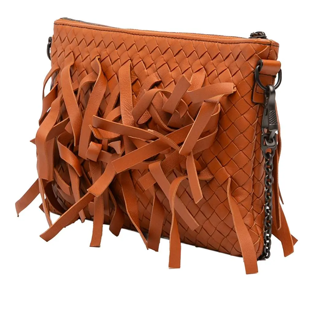 Bottega Veneta Nappa Intrecciato Palio Fringe Chain Crossbody Orange Leather Good - Back View