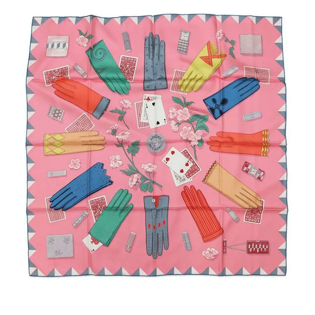 Hermès L Heure des Gants Silk Scarf 90 Pink Silk Very good - Front View