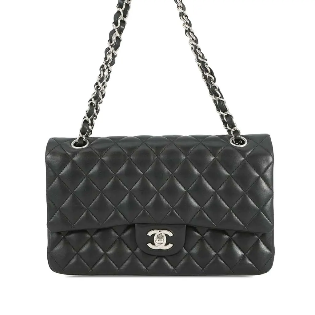 Chanel Medium Classic Lambskin Double Flap Black Leather Good - Front View
