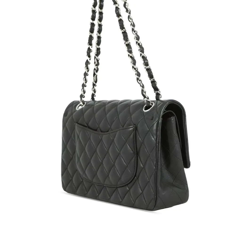 Chanel Medium Classic Lambskin Double Flap Black Leather Good - Back View