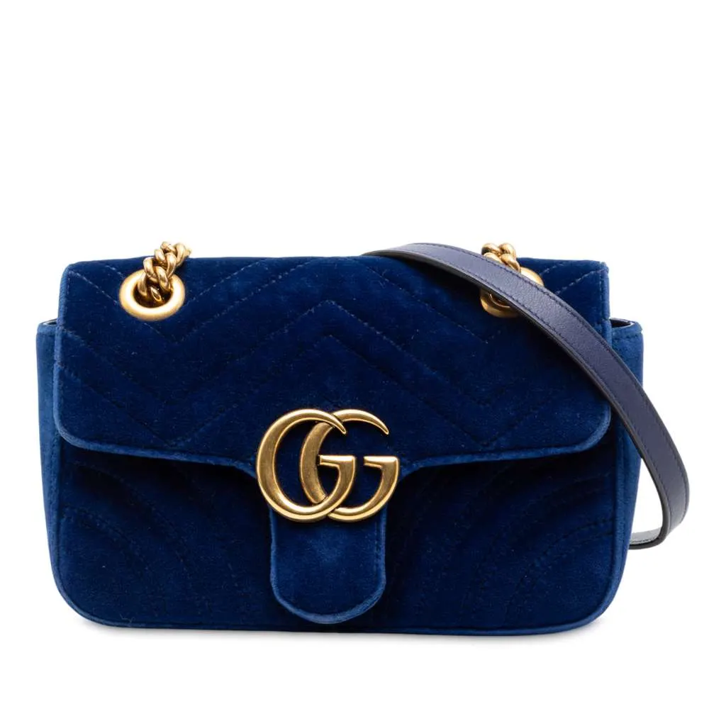 Gucci Small GG Marmont Matelasse Velvet Shoulder Bag Blue Velvet Good - Front View